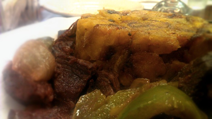 Trifongo with Seared Beef Skirt Steak. Green Peppers and Onions